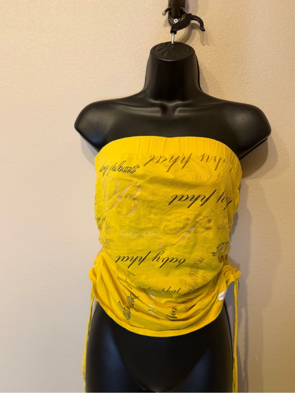 Baby Phat Y2K Yellow Logo Strapless Ruched Tube Top Large